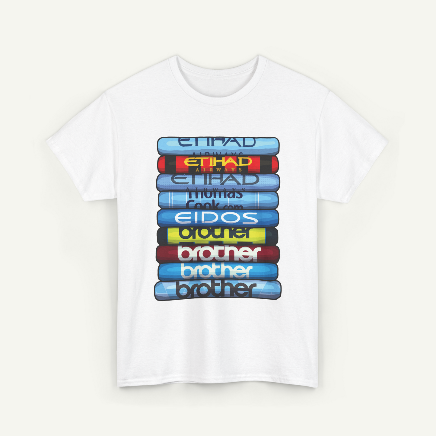A white t-shirt with a graphic design featuring a stack of colorful books or cylinders with the text "Etihad" written on them.