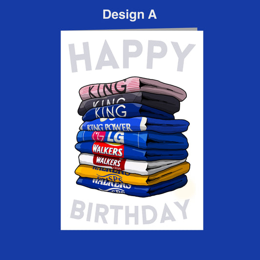 A stack of colorful t-shirts with the text "Happy Birthday" written on them, against a blue background.