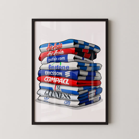A framed illustration of a stack of various logos and text, including "Air Asia", "gulfair.com", "Binone", "ERICSSON", "COMPA", "GUINNESS", and other logos and text.