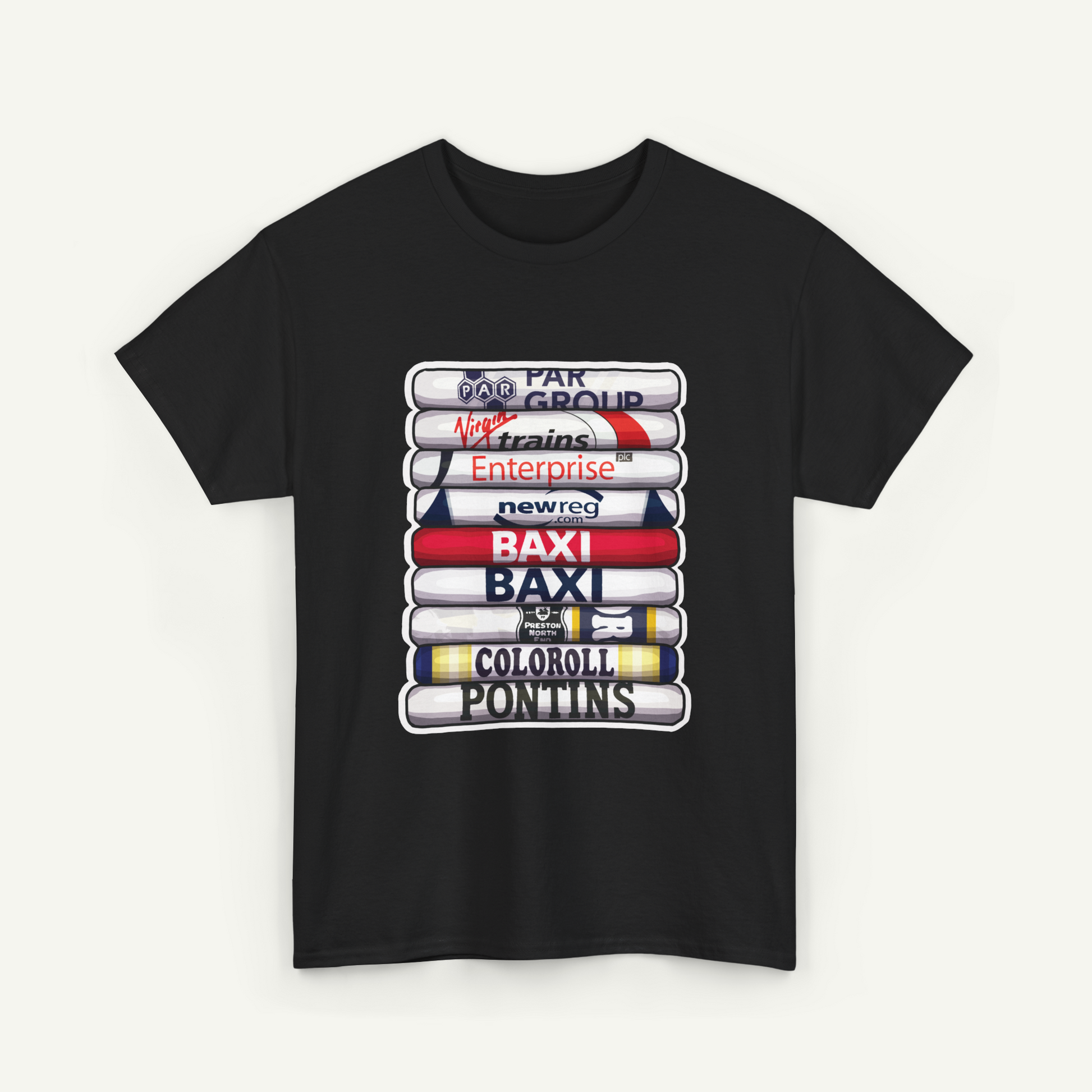 A black t-shirt with a graphic design featuring a stack of colorful tubes or bottles, each representing a different company or brand.