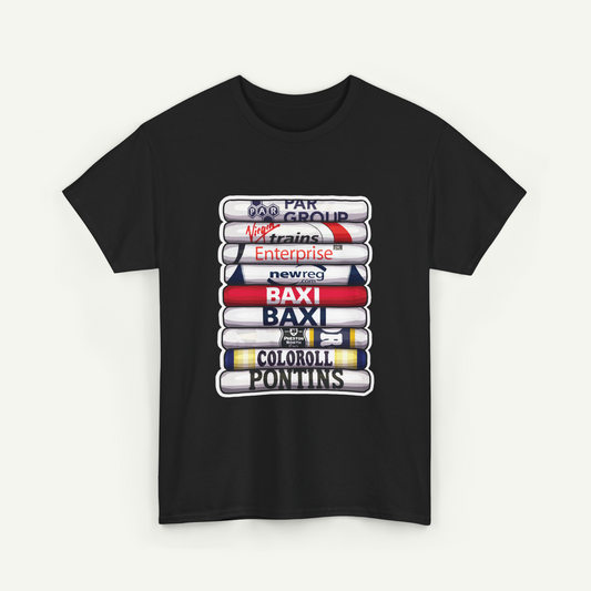 A black t-shirt with a graphic design featuring a stack of colorful tubes or bottles, each representing a different company or brand.