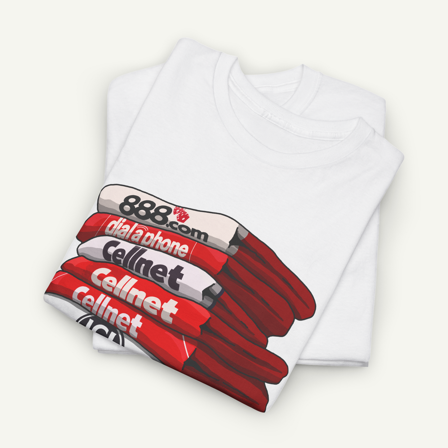 A white t-shirt with a graphic design featuring a stack of red and white books with the text "881 dialahone Cellnet Cellnet" printed on them.
