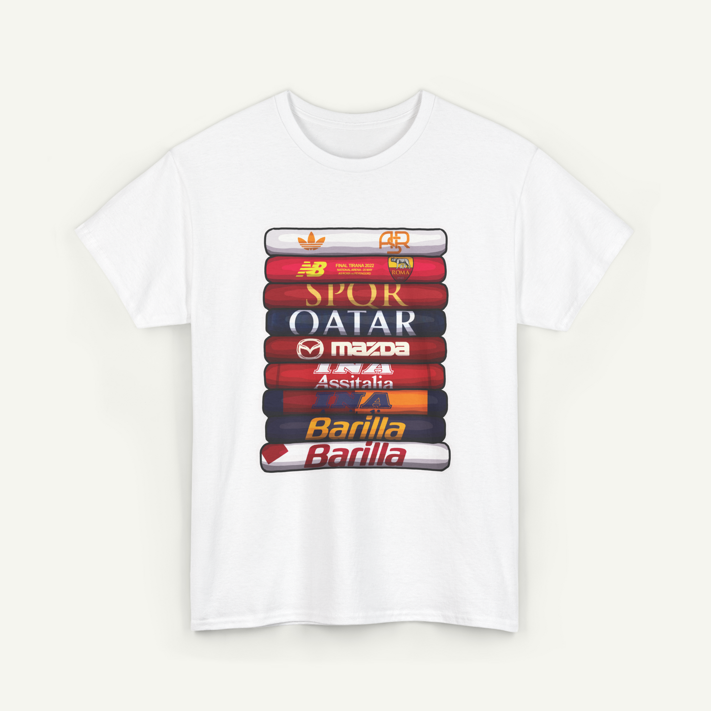 A white t-shirt with a graphic design featuring a stack of colorful books with the names of various countries printed on the spines.