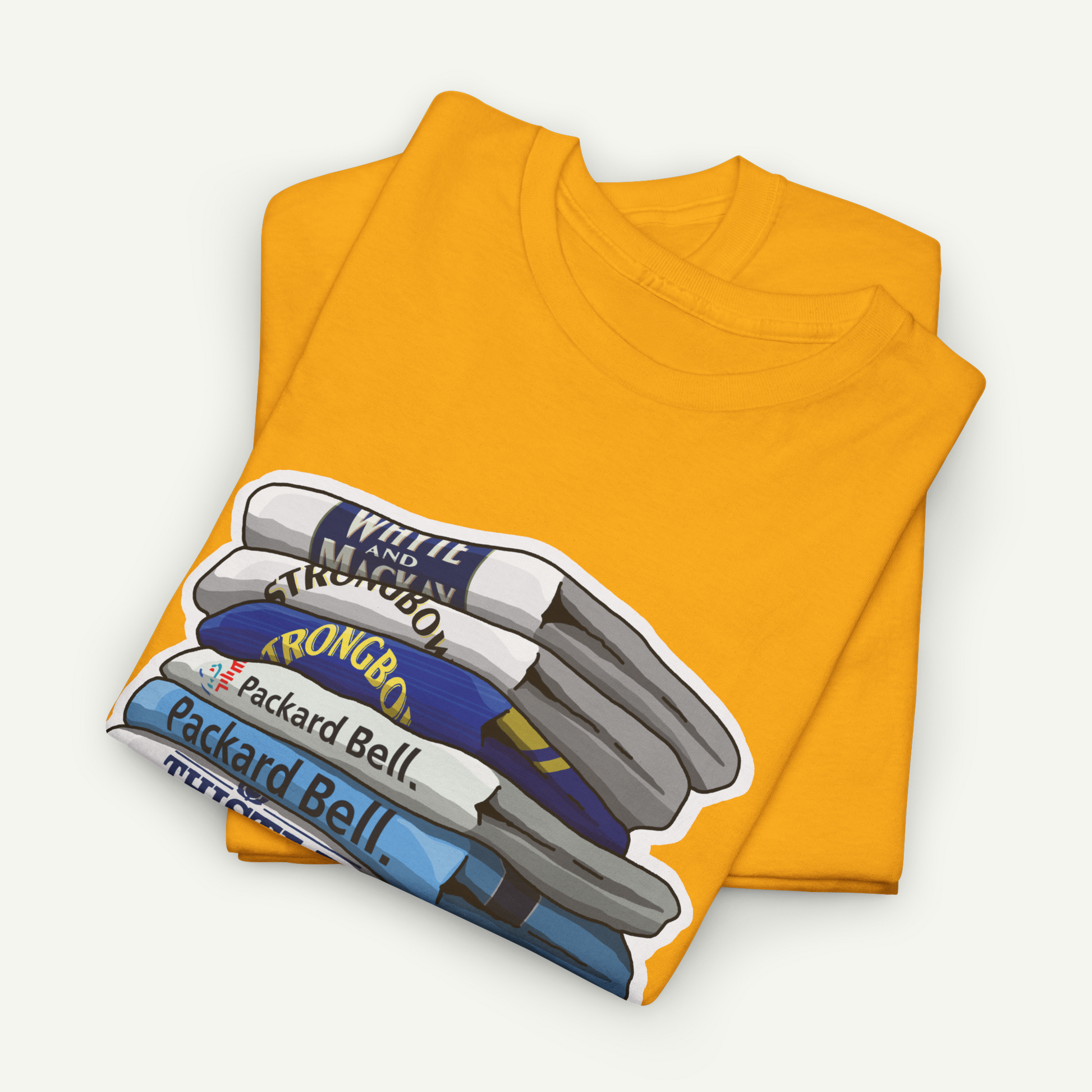 A yellow t-shirt with a graphic design depicting a stack of colorful markers or highlighters.