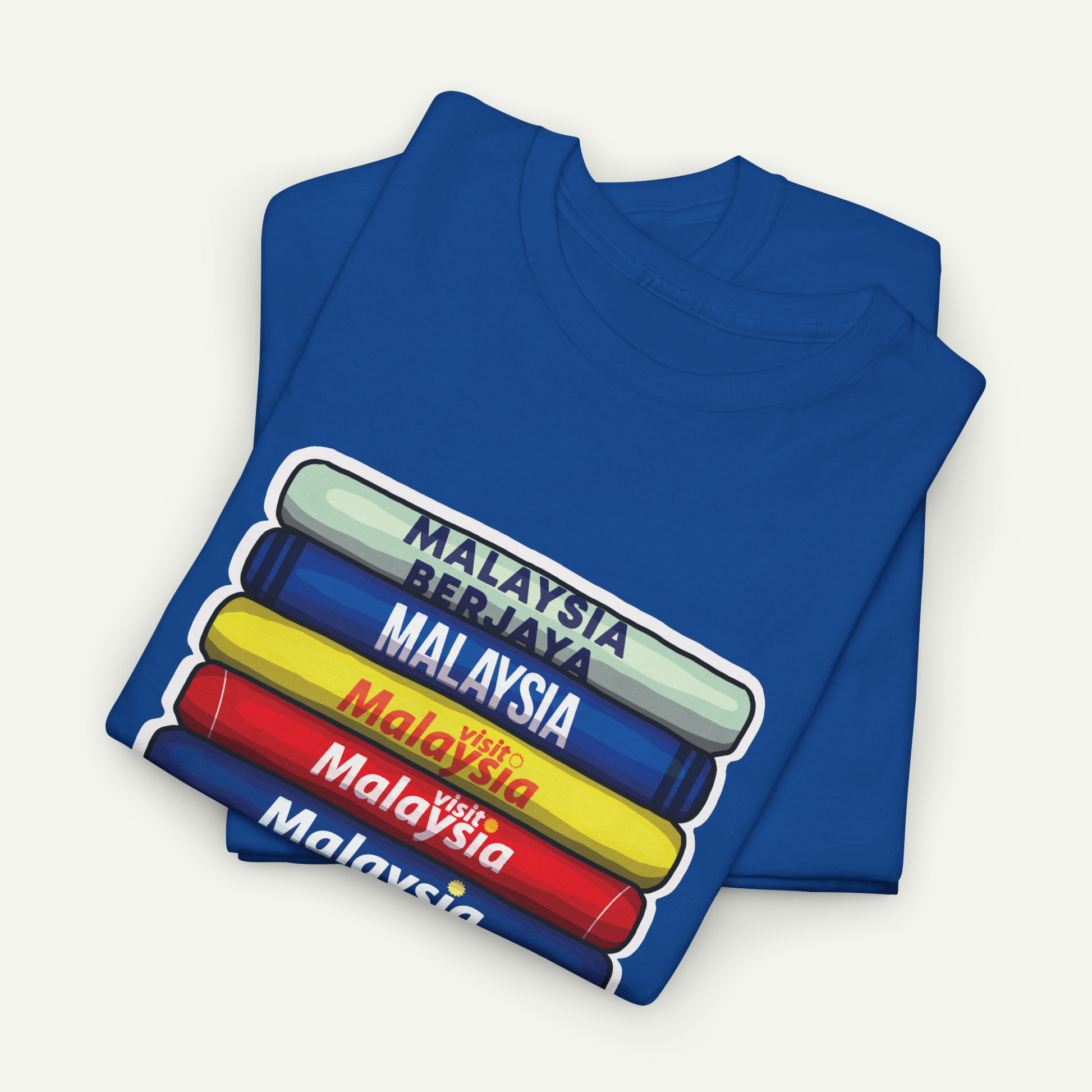 A blue t-shirt with a graphic design depicting the countries of Malaysia stacked vertically.