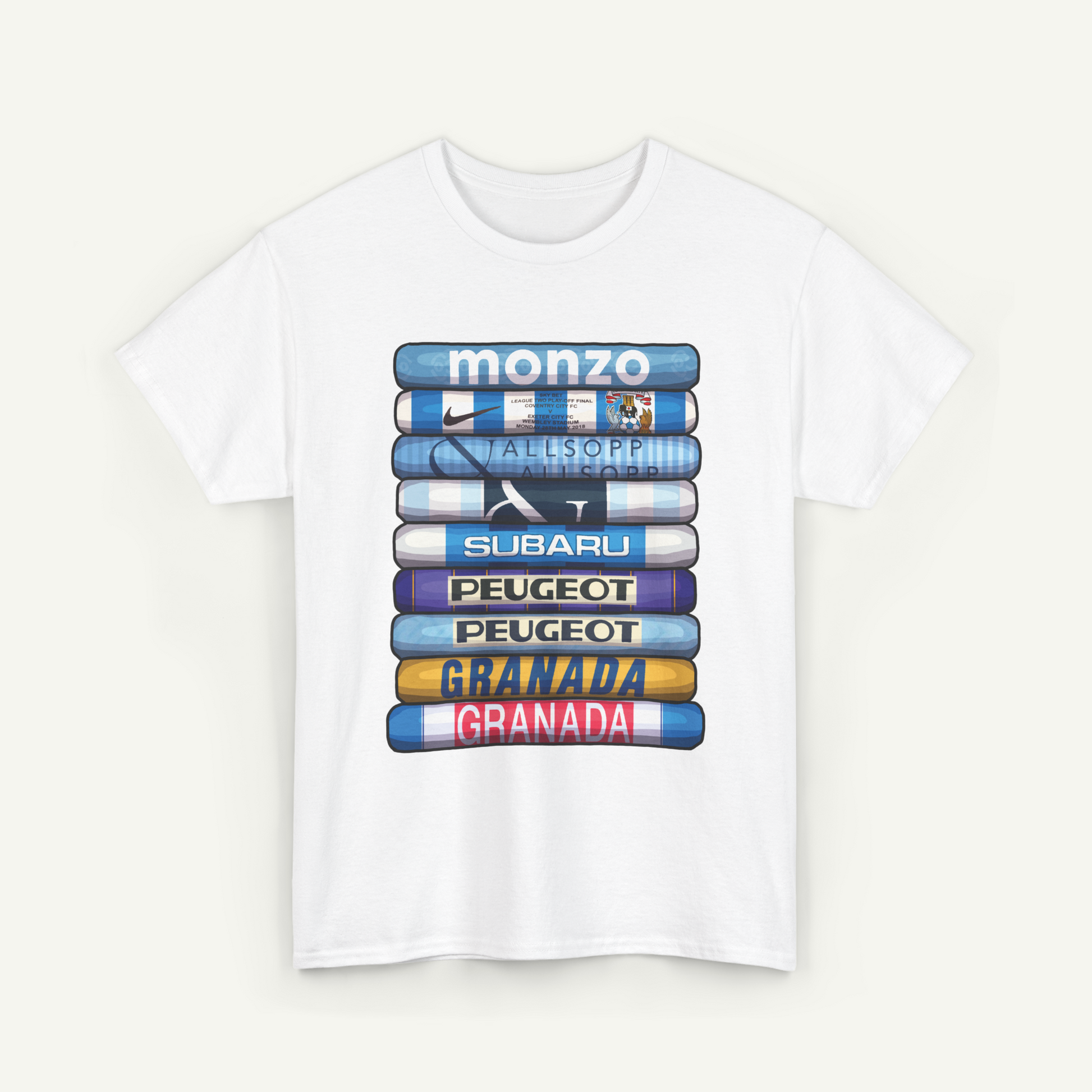 A white t-shirt with a graphic design featuring a stack of seven different colored books, each with a different logo or brand name on the cover.