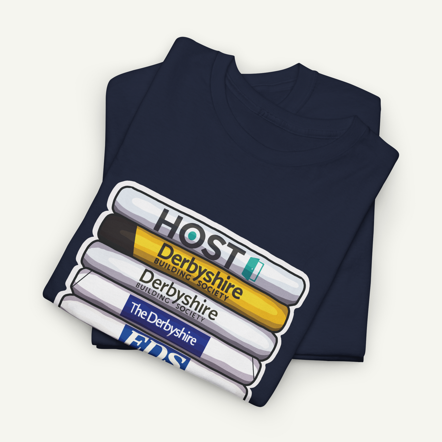 A dark blue t-shirt with a graphic design featuring a stack of colorful tubes or blocks, each displaying the text "HOST" and "DERBYSHIRE BUILDING SOCIETY" in different colors.
