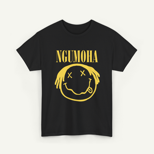 A black t-shirt with a yellow smiley face graphic and the text "NGUMOHA" printed on it.
