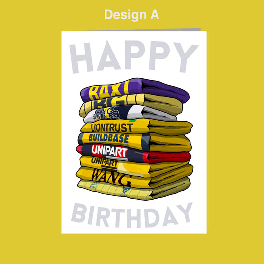 A stack of colorful t-shirts with the text "Happy Birthday" written on them, against a yellow background.
