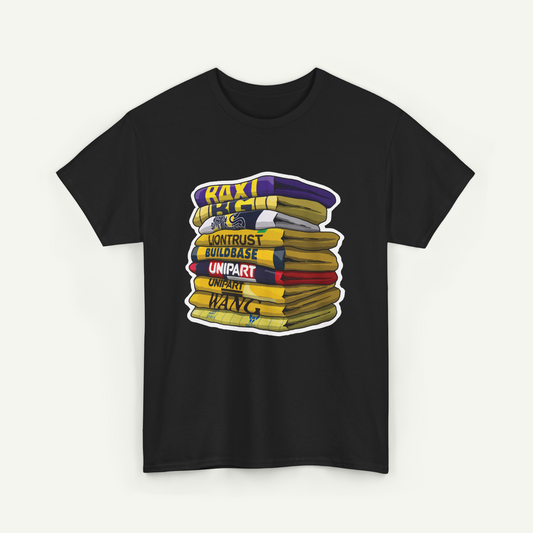 A black t-shirt with a graphic design depicting a stack of colorful books.