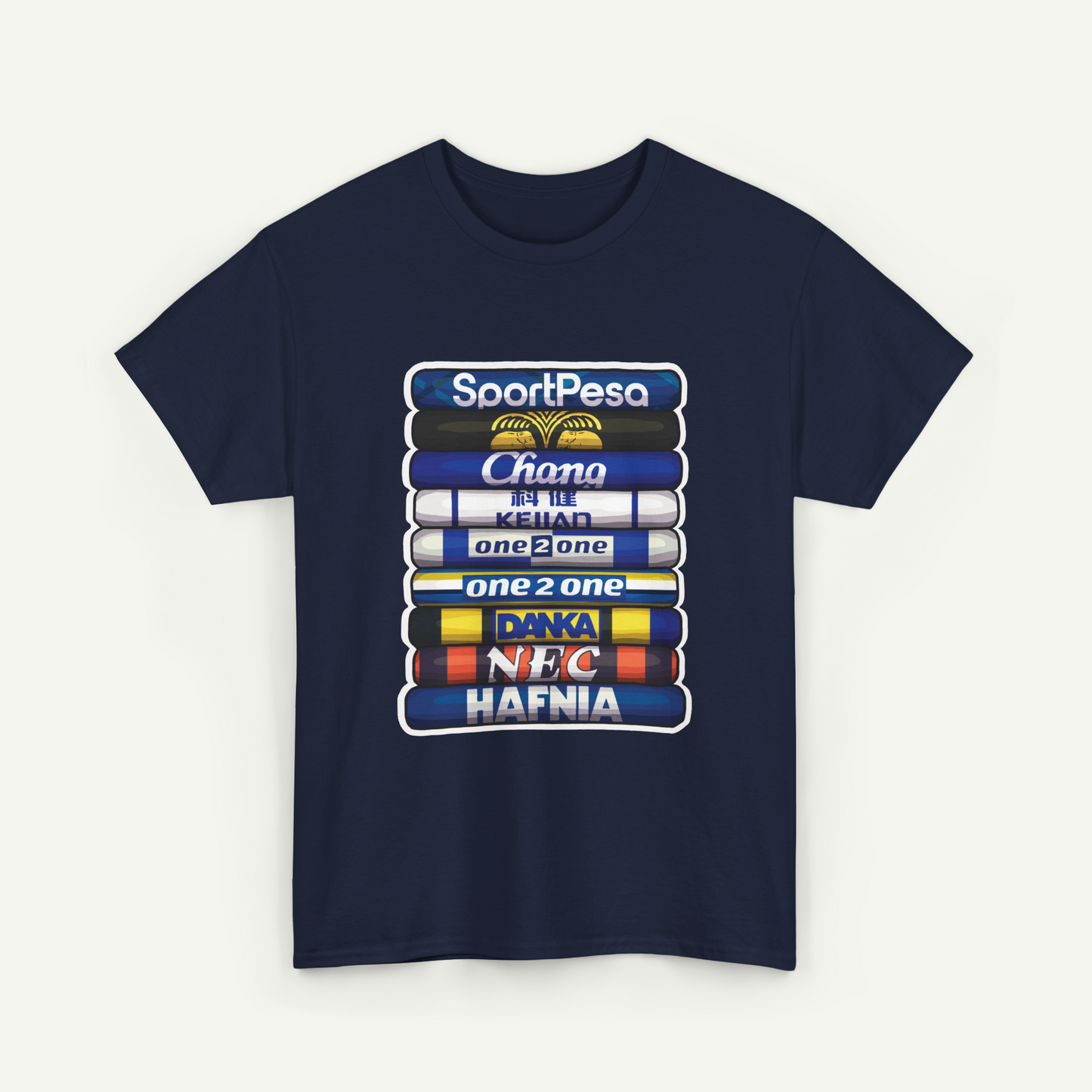 A navy blue t-shirt with a graphic design featuring a stack of colorful tubes or bars, each displaying a different brand name.