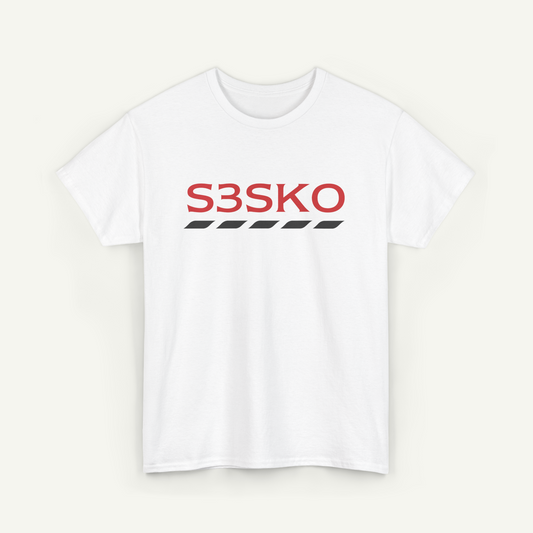 A white t-shirt with the text "S3SKO" printed on it in red and black.