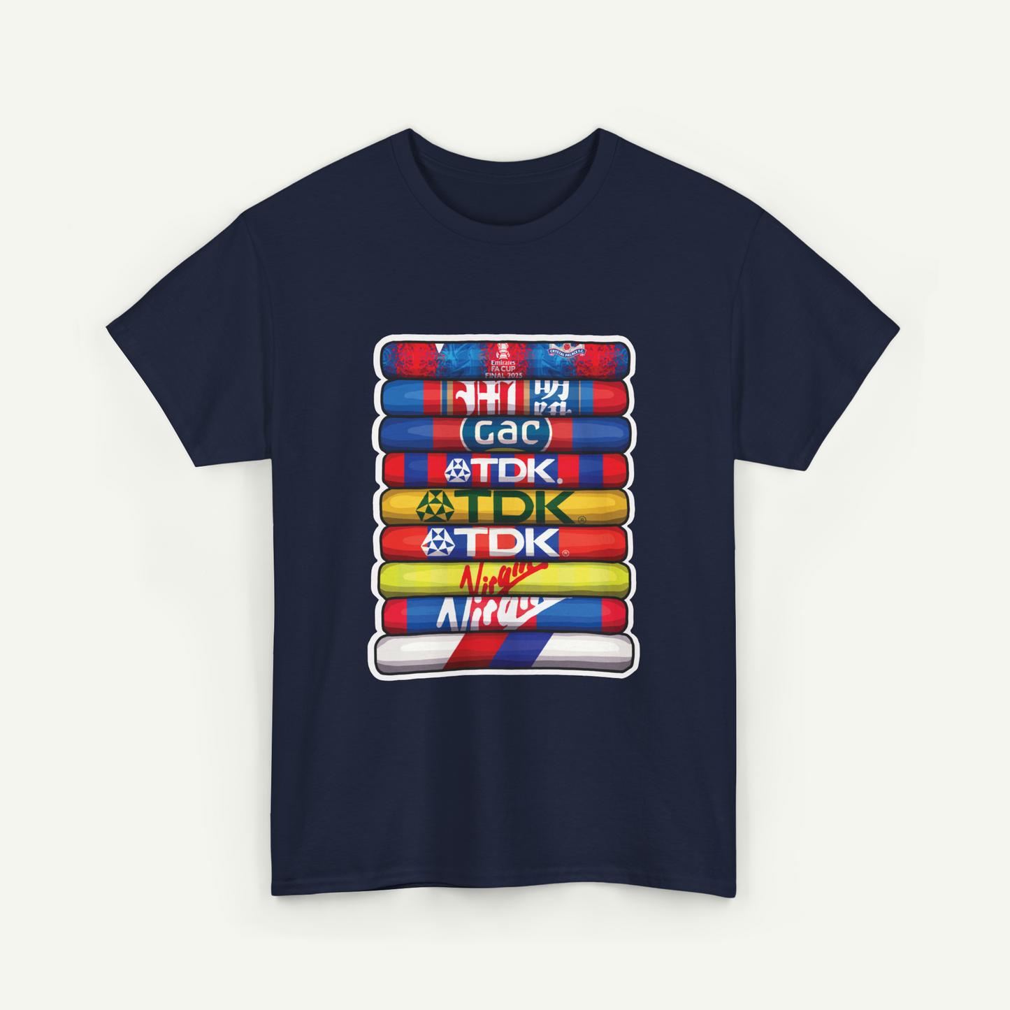 A navy blue t-shirt with a graphic design featuring a stack of colorful tubes with various logos on them.
