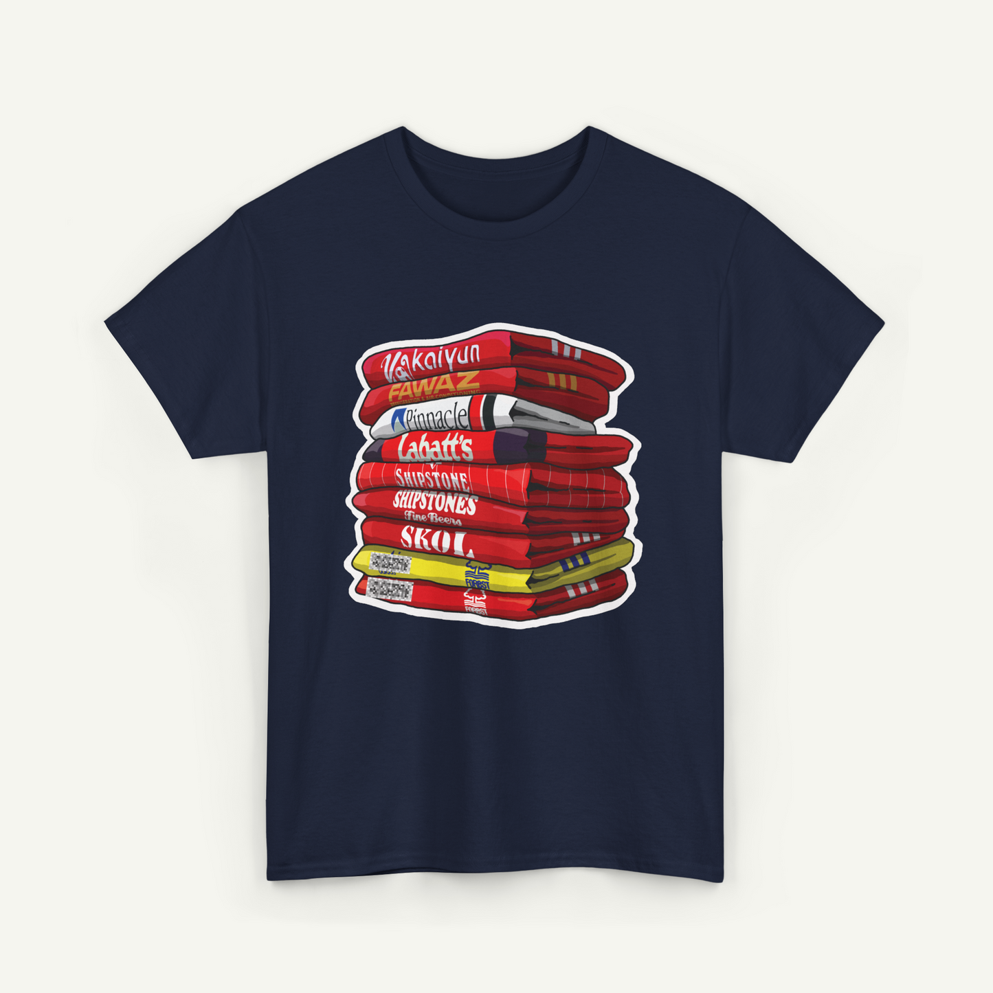 A navy blue t-shirt with a graphic design depicting a stack of red books with white text on the spines.