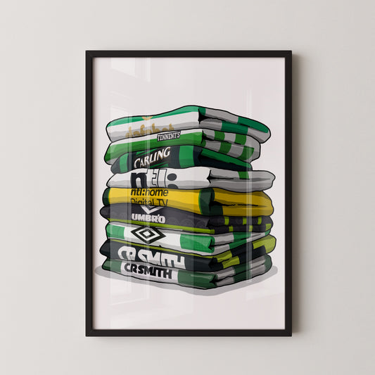 A framed illustration of a stack of various colored towels, with the text "CARLING", "TENNESSEE", "nichome", "Umbro", "CRSMITH", and "CRSMITH" printed on them.