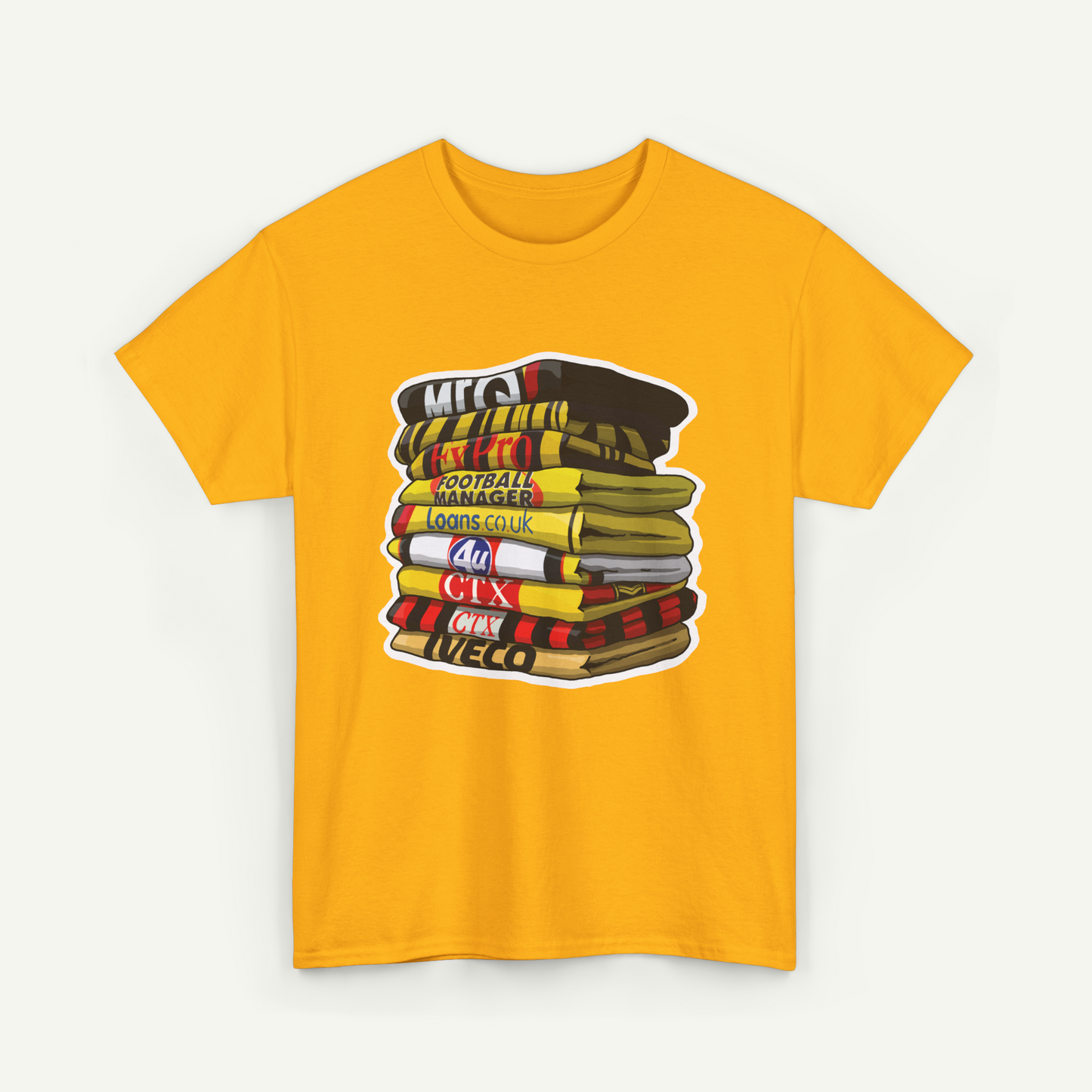 A yellow t-shirt with a graphic design depicting a stack of books or magazines with various text on the covers.