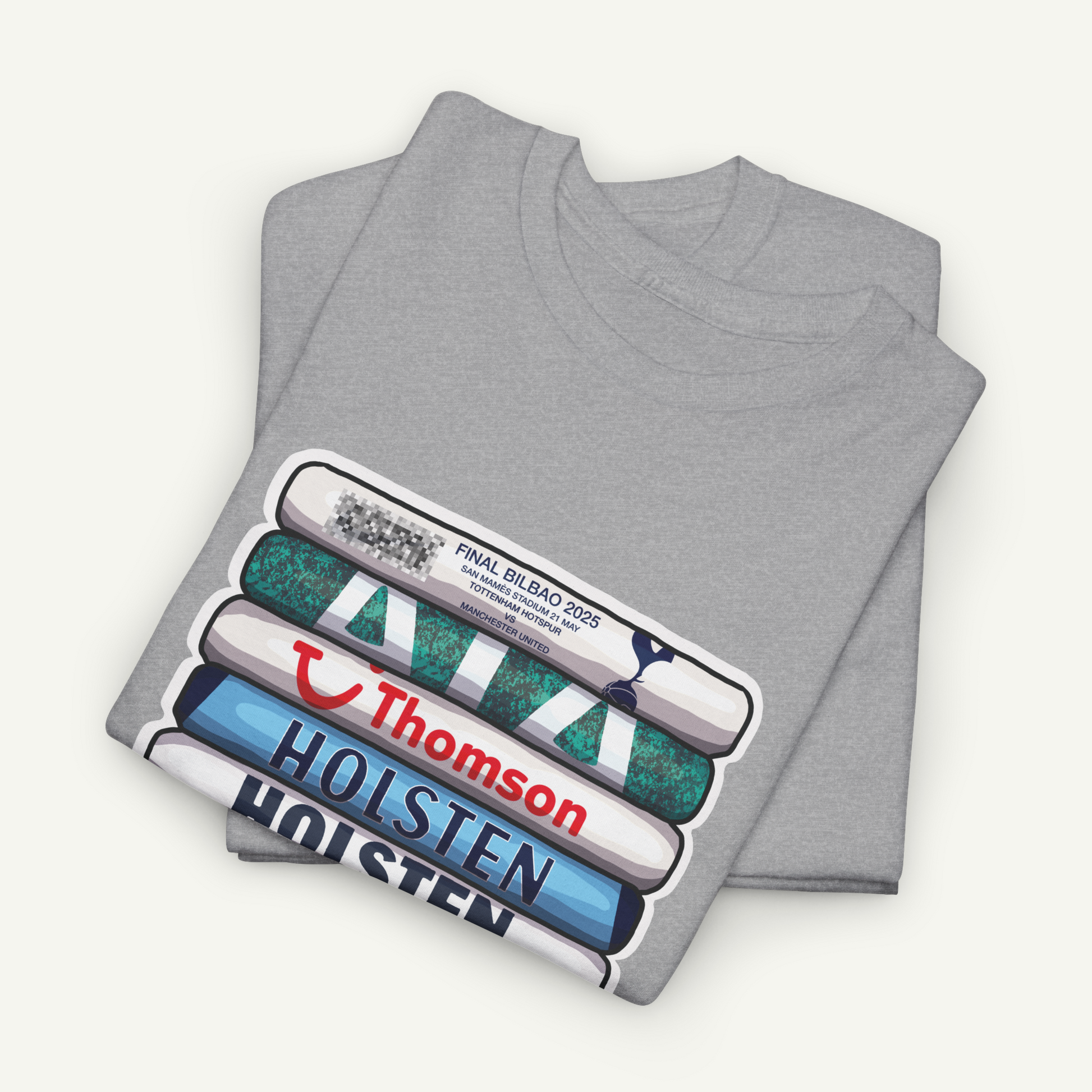 A gray t-shirt with a graphic design featuring a stack of books with the text "THOMSON HOLSTEN" printed on them.