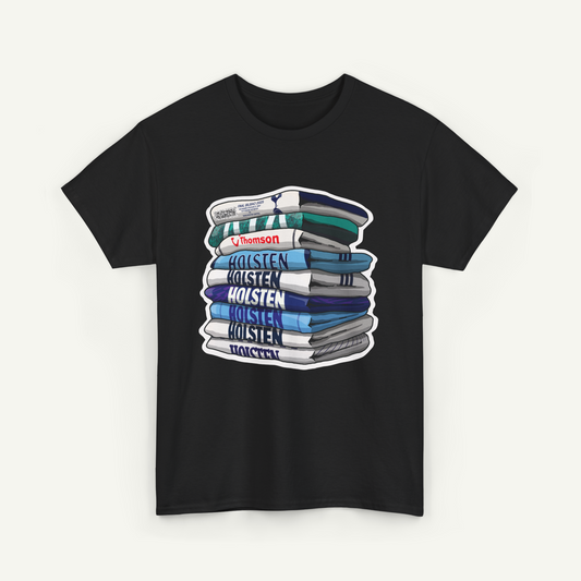 A black t-shirt with a graphic design depicting a stack of books with the text "Holsten Holsten Holsten Holsten" printed on the spines.