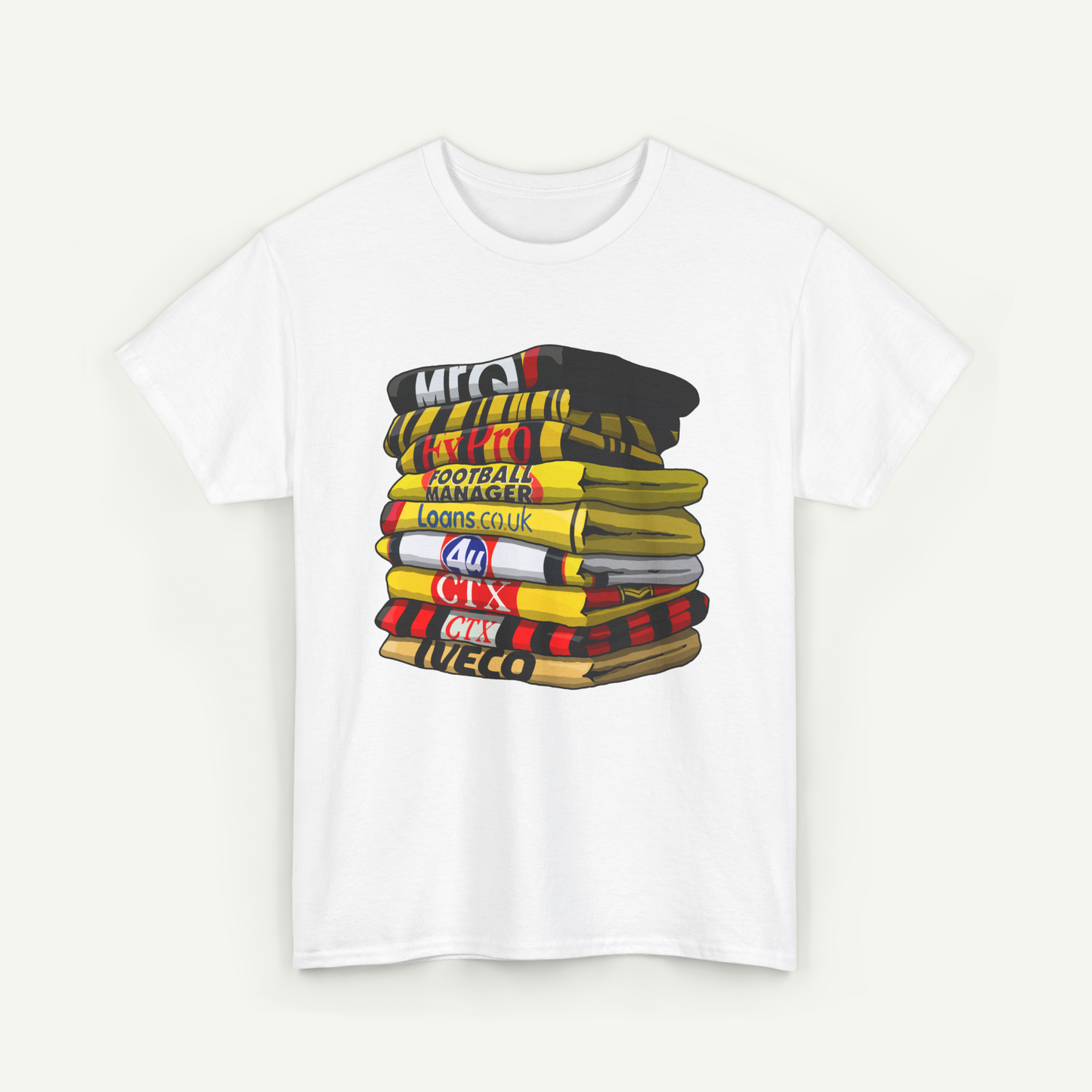 A white t-shirt with a graphic design depicting a stack of colorful towels or blankets with various text printed on them.