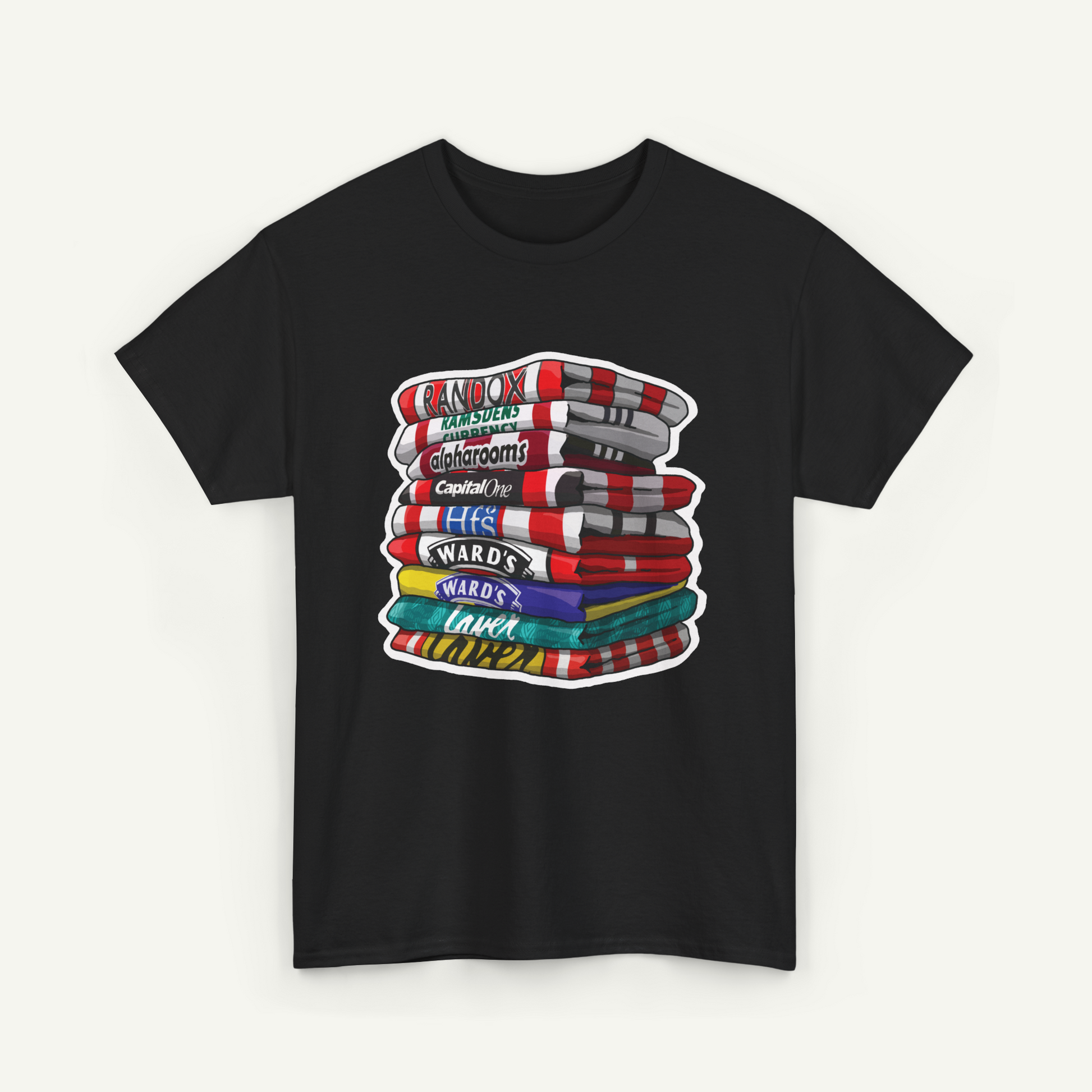 A black t-shirt with a graphic design depicting a stack of colorful towels with various text labels on them.