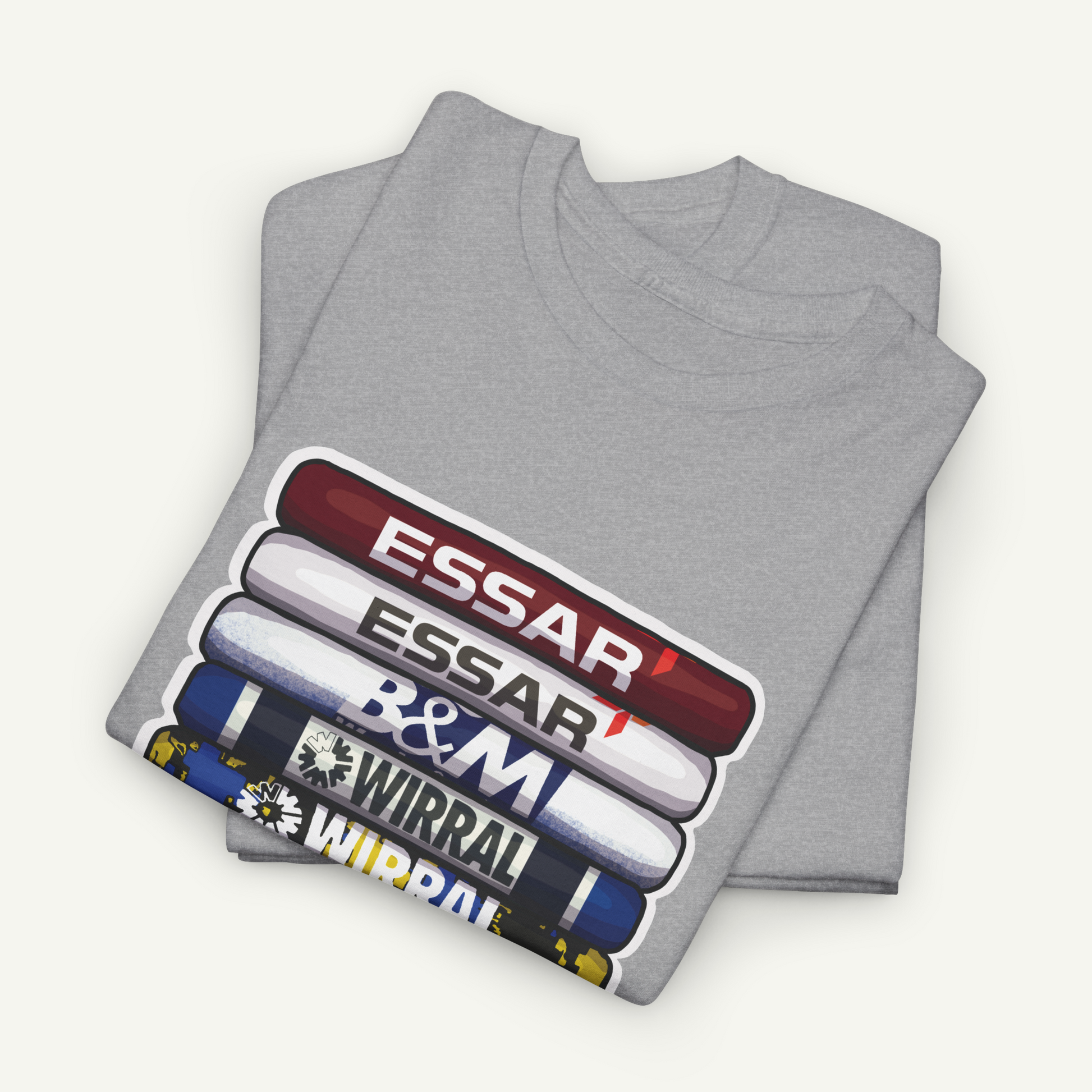 A gray t-shirt with a graphic design featuring a stack of colorful tubes or tubes with the text "ESSAR" printed on them.