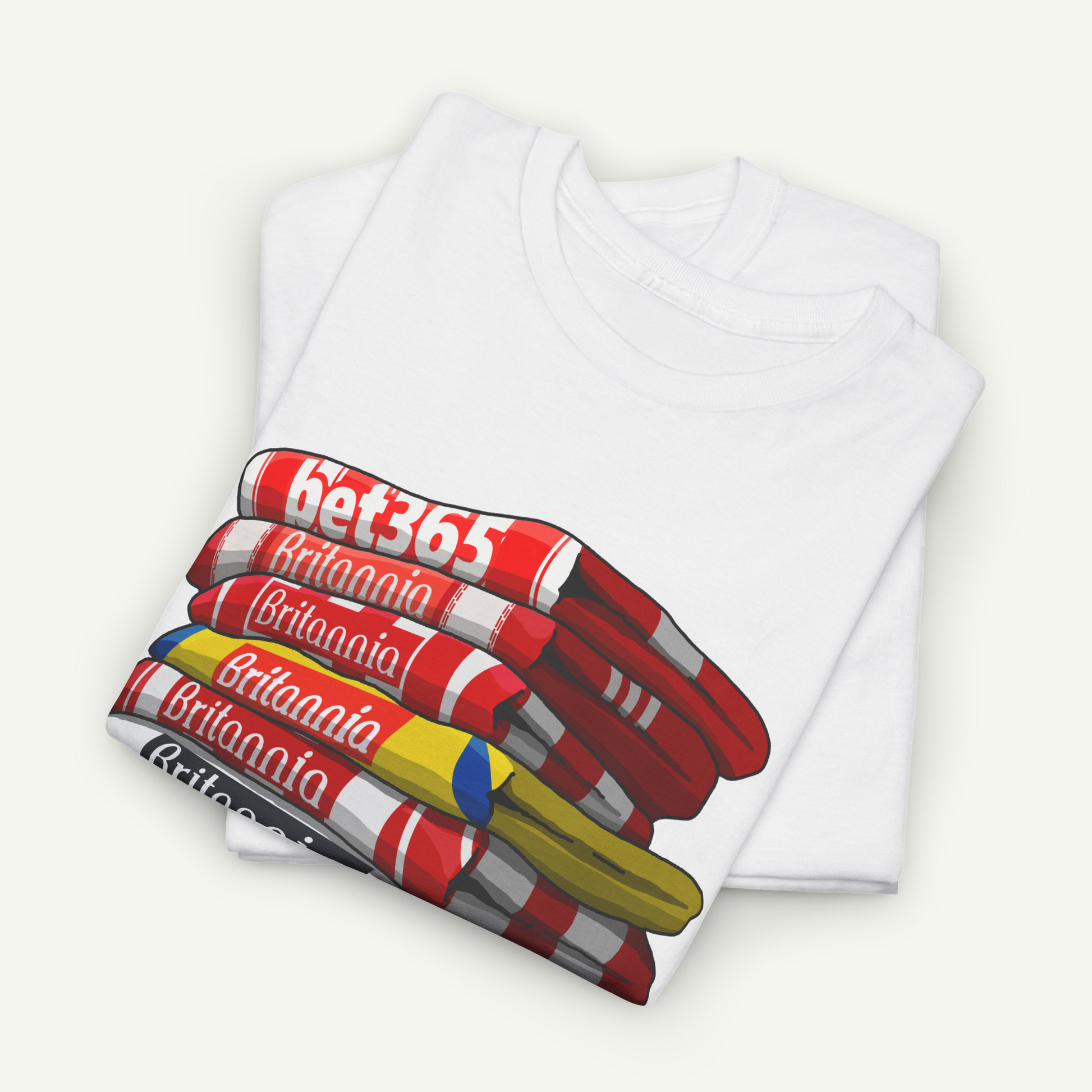 A white t-shirt with a graphic design depicting a stack of colorful candy bars.