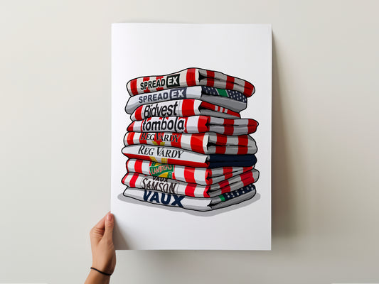 A hand is holding a poster with a stack of red and white striped towels, each with a different word written on it.