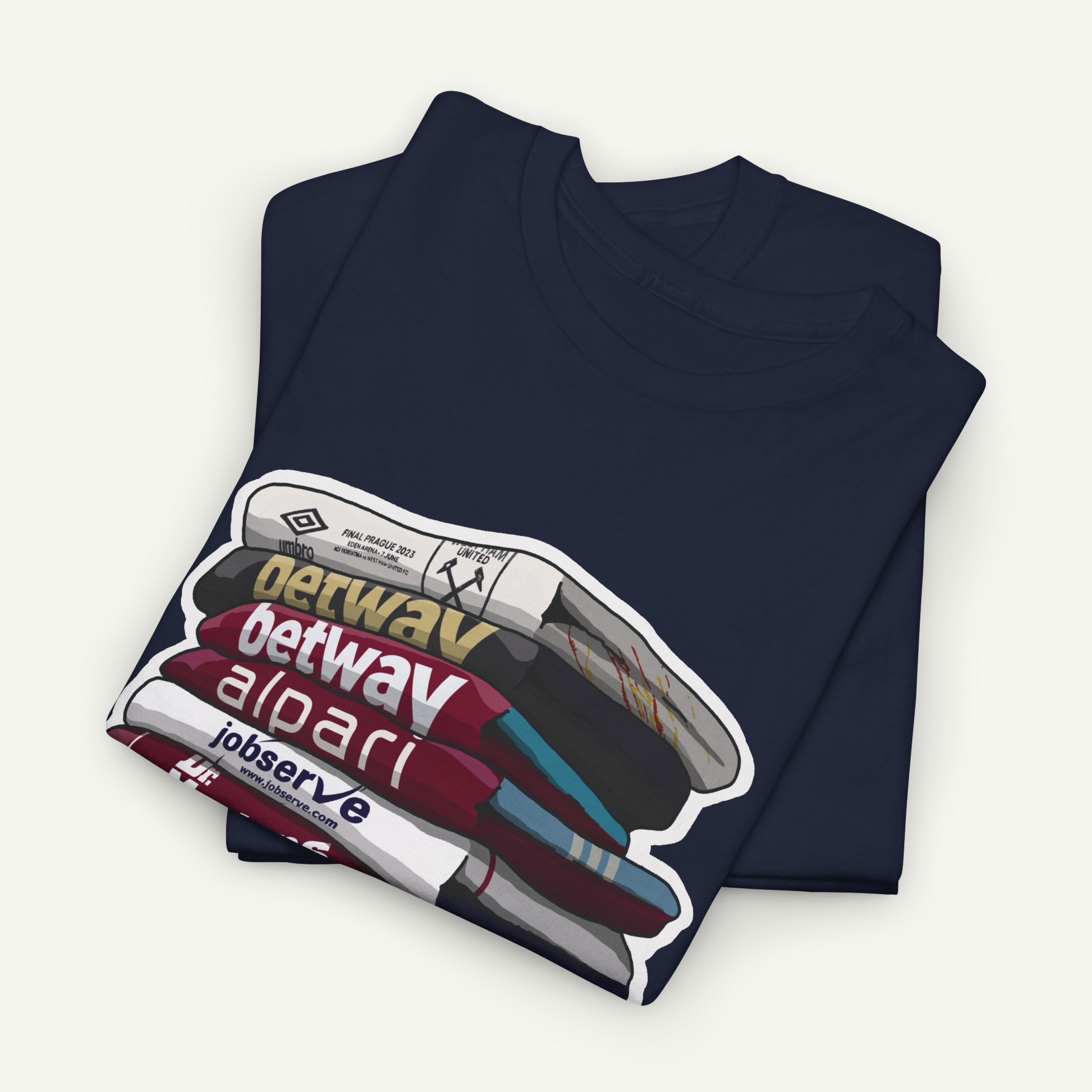 A navy blue t-shirt with a graphic design depicting a stack of books and the text "betway" printed on it.