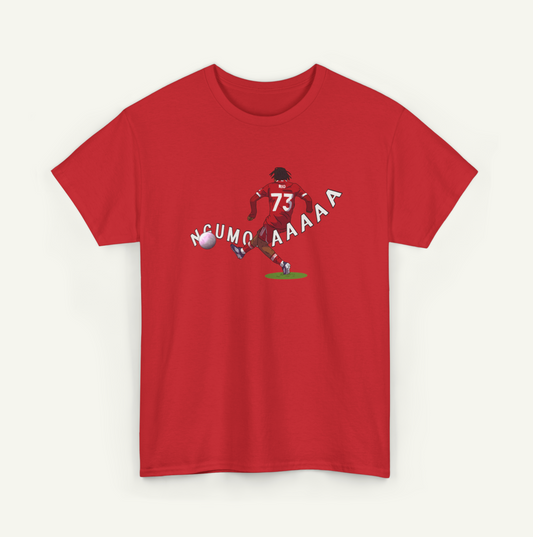 A red t-shirt with a graphic design depicting a soccer player kicking a ball, accompanied by the text "NCUMO AAAA" in a playful font.