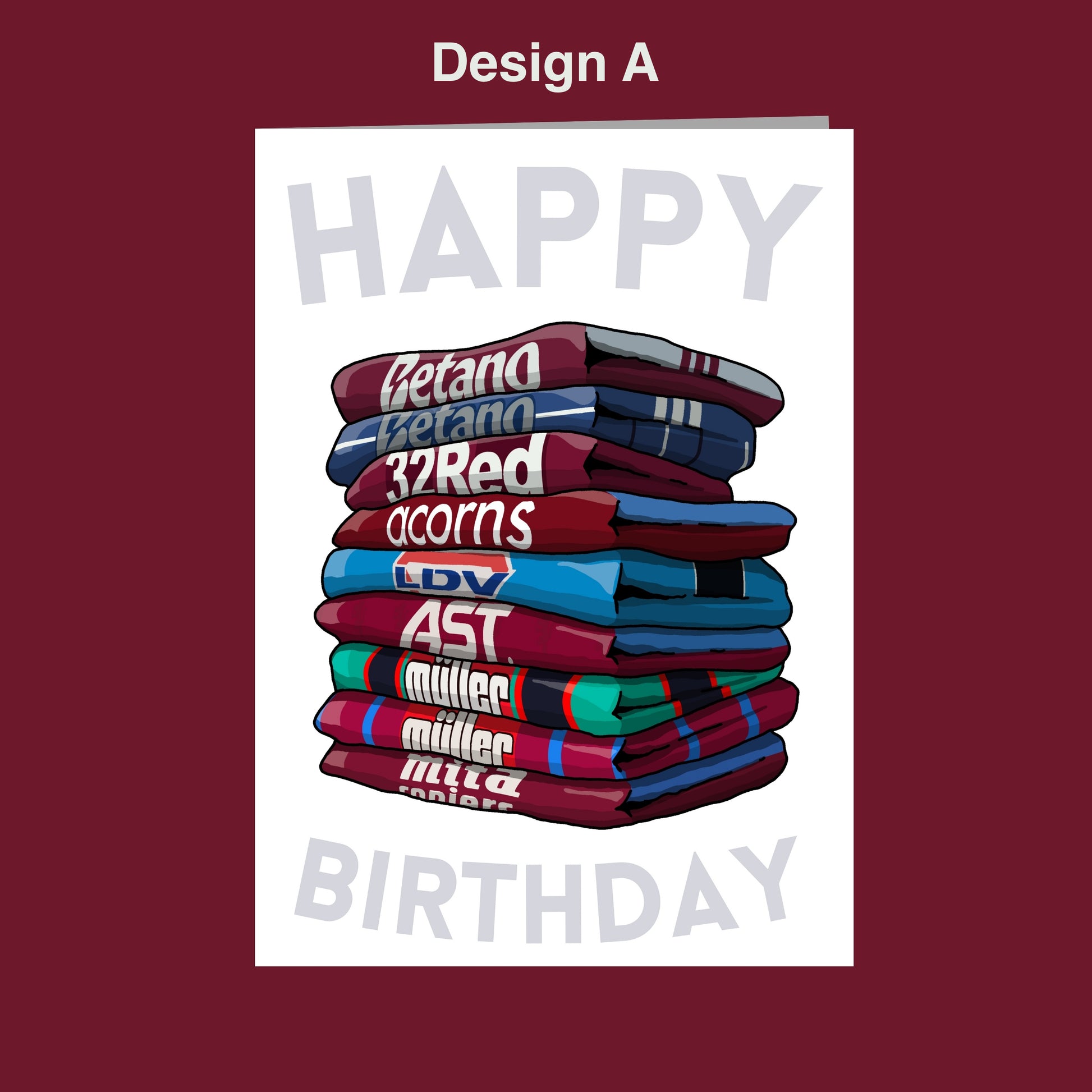 A stack of colorful sports jerseys, with the text "Happy Birthday" displayed prominently.