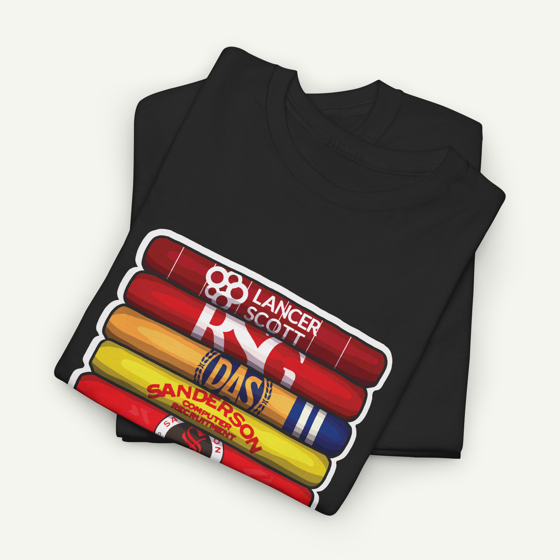 A black t-shirt with a graphic design featuring a stack of colorful bars, each with a different brand name printed on it.