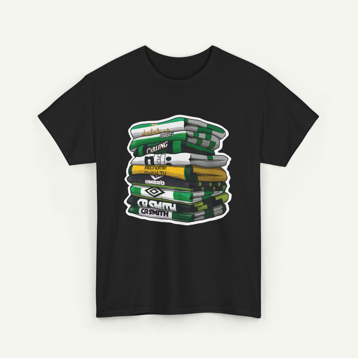 A black t-shirt with a graphic design depicting a stack of colorful books or magazines.