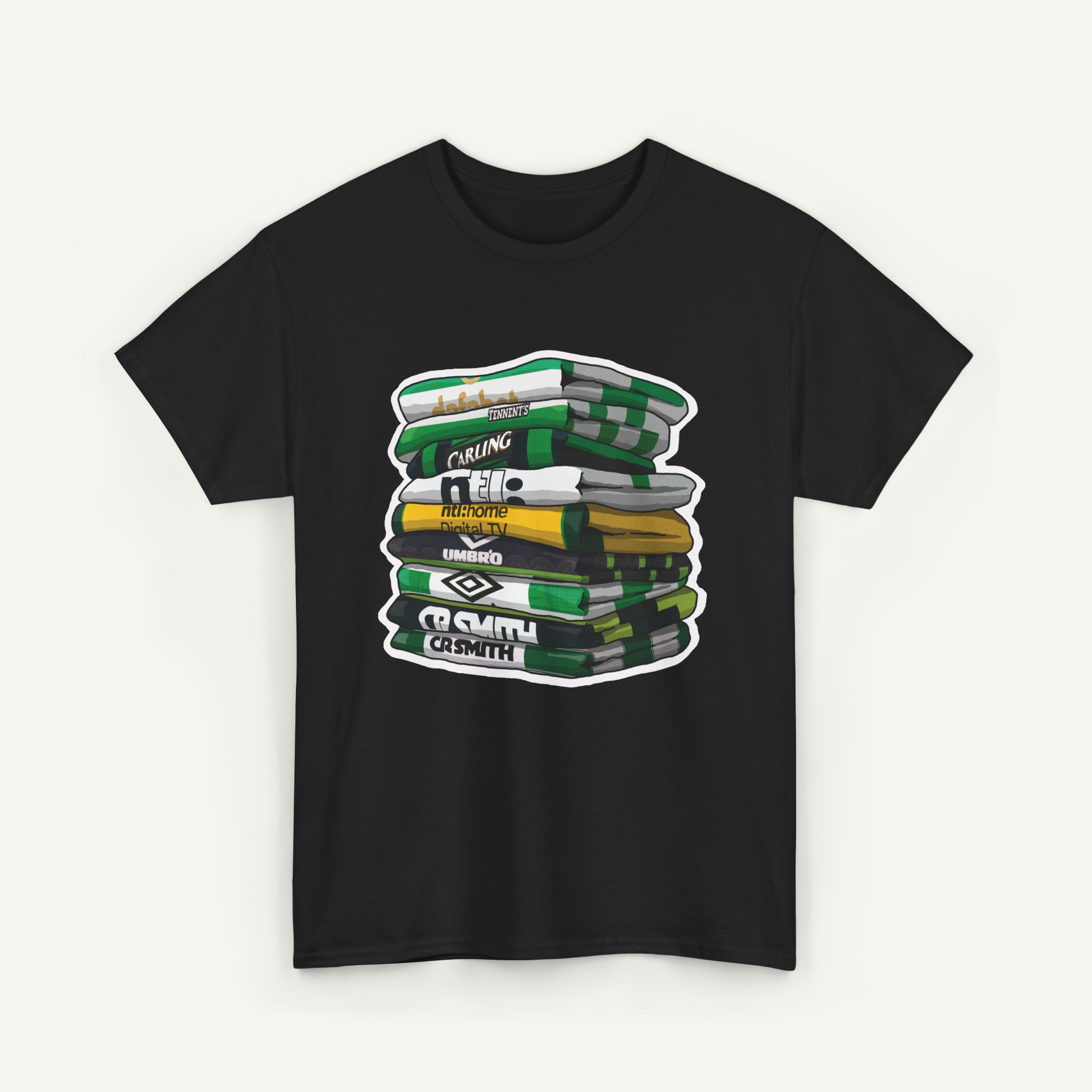 A black t-shirt with a graphic design depicting a stack of colorful books or magazines.