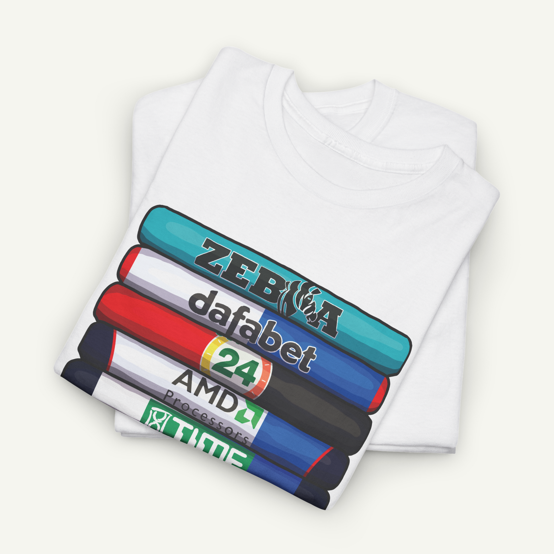 A white t-shirt with a graphic design featuring a stack of colorful markers with the text "Zebra", "dafabet", "24", "AMD", and "Time" printed on them.