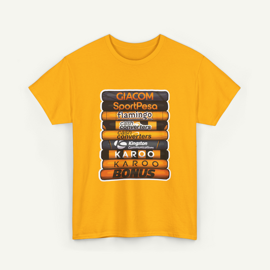 A yellow t-shirt with a graphic design featuring a stack of various electronic devices and accessories, including a keyboard, a phone, and a tablet.