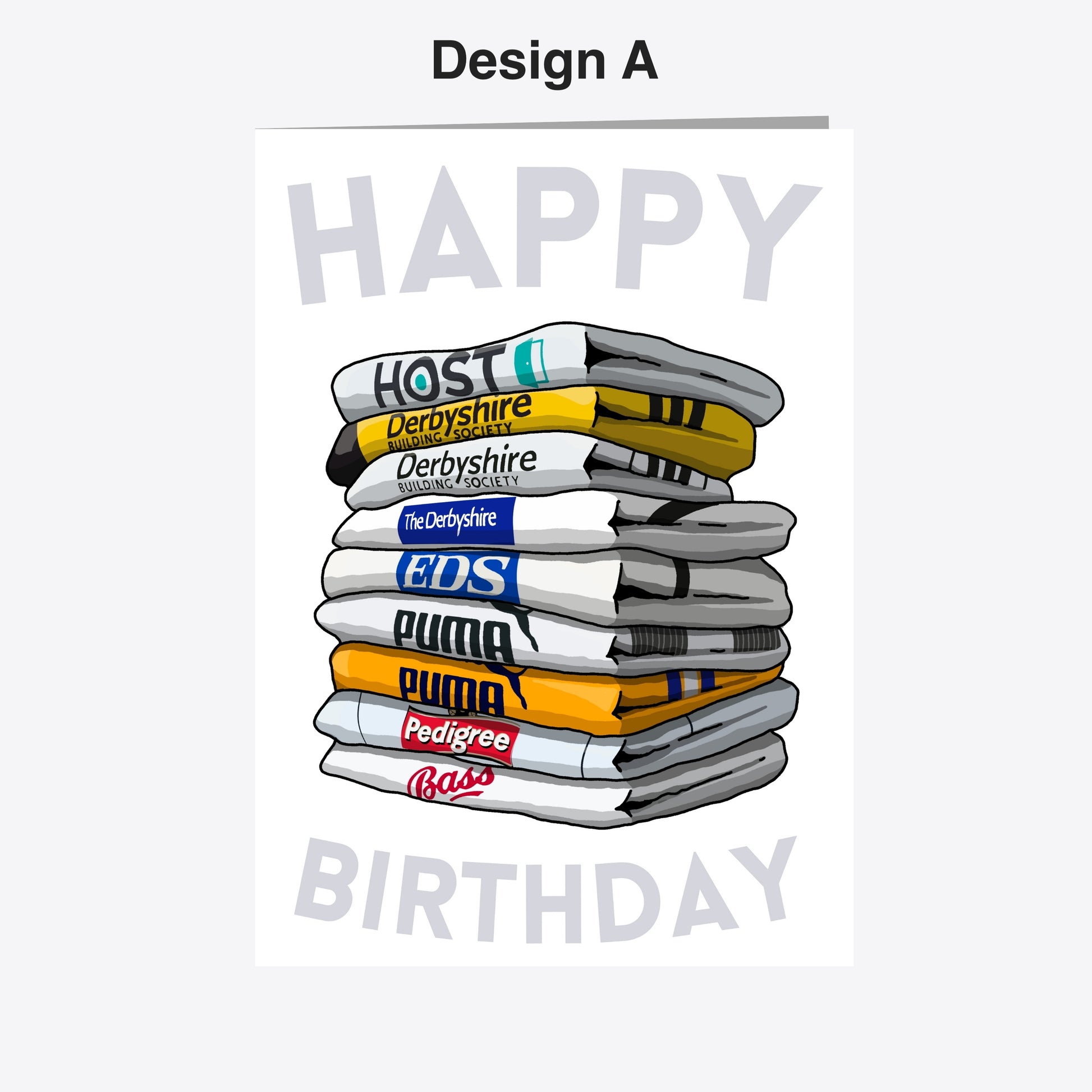 A birthday card with a stack of various colored towels, each displaying a different brand logo, such as Puma, EDS, and Pedigree Bass.