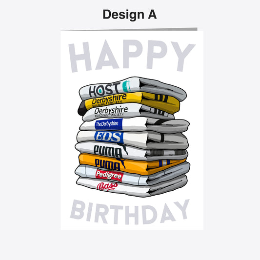 A birthday card with a stack of various colored towels, each displaying a different brand logo, such as Puma, EDS, and Pedigree Bass.