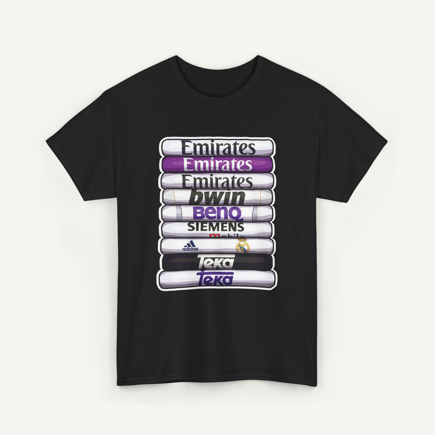 A black t-shirt with a graphic design featuring a stack of various logos and text.