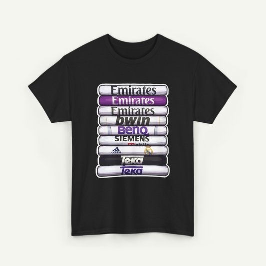 A black t-shirt with a graphic design featuring a stack of various logos and text.