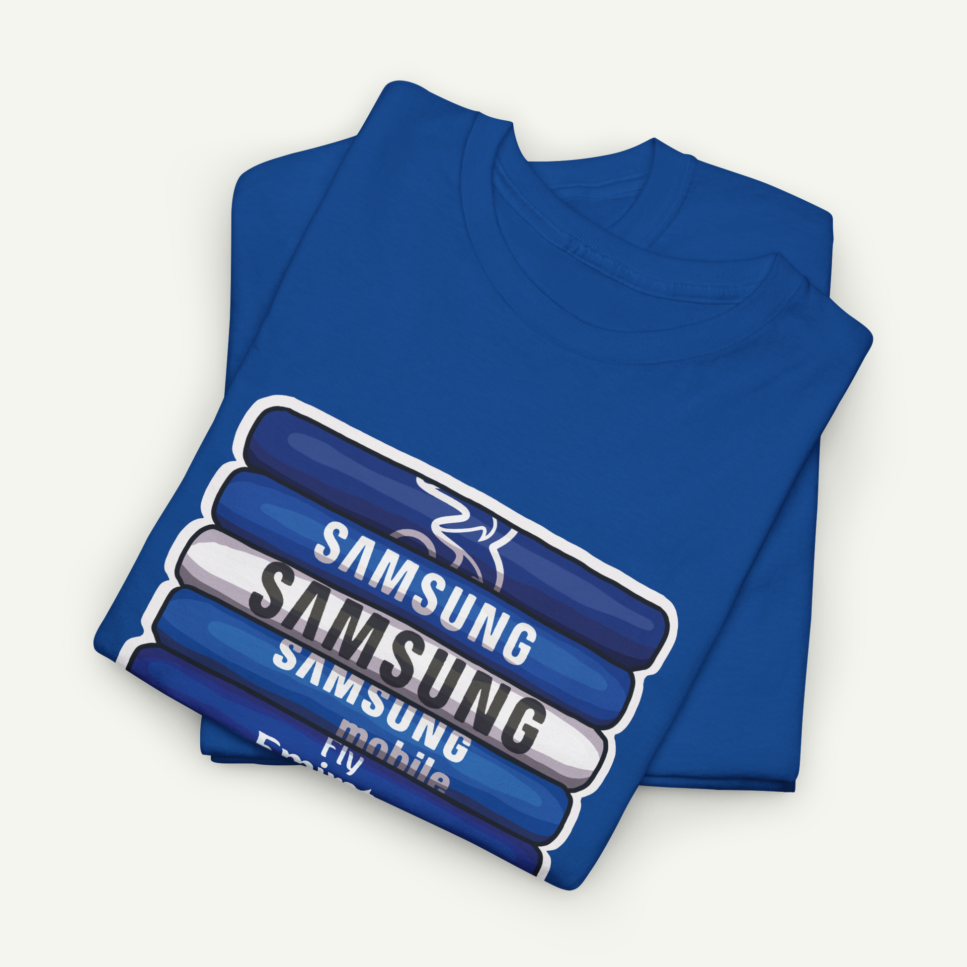A blue t-shirt with the Samsung logo printed on it.
