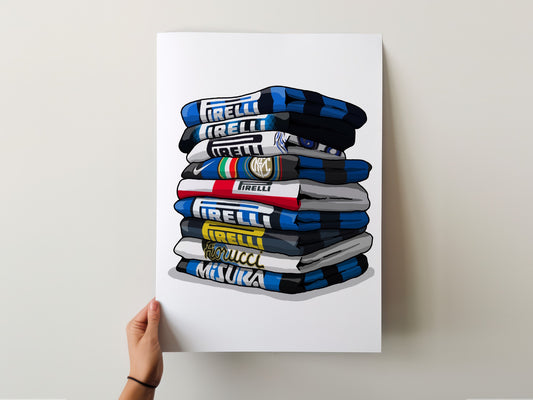 A hand is holding a poster with a stack of books or magazines, each with a different colored cover, representing various sports teams or brands.