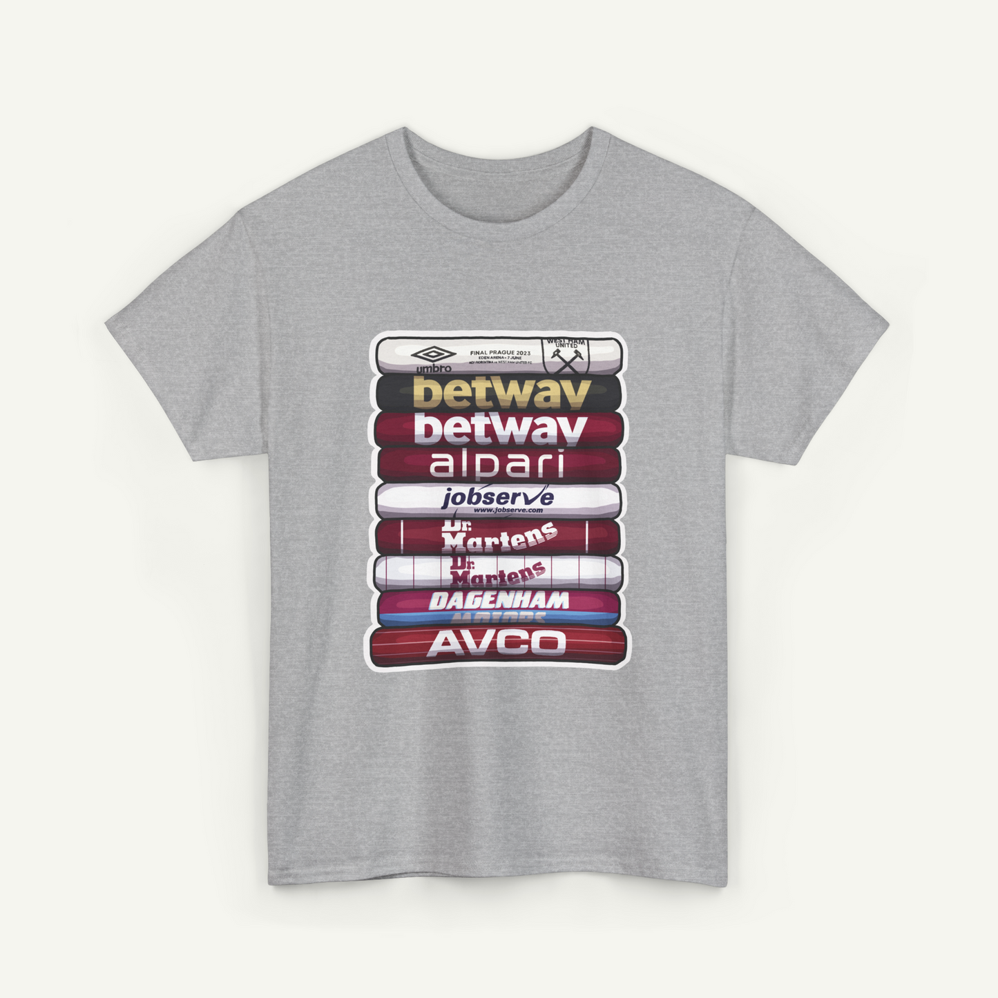 A gray t-shirt with a graphic design featuring a stack of colorful tubes or tubes with various text and logos printed on them.