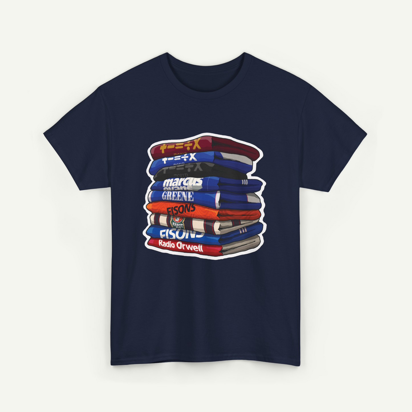 A navy blue t-shirt with a graphic design depicting a stack of colorful books.