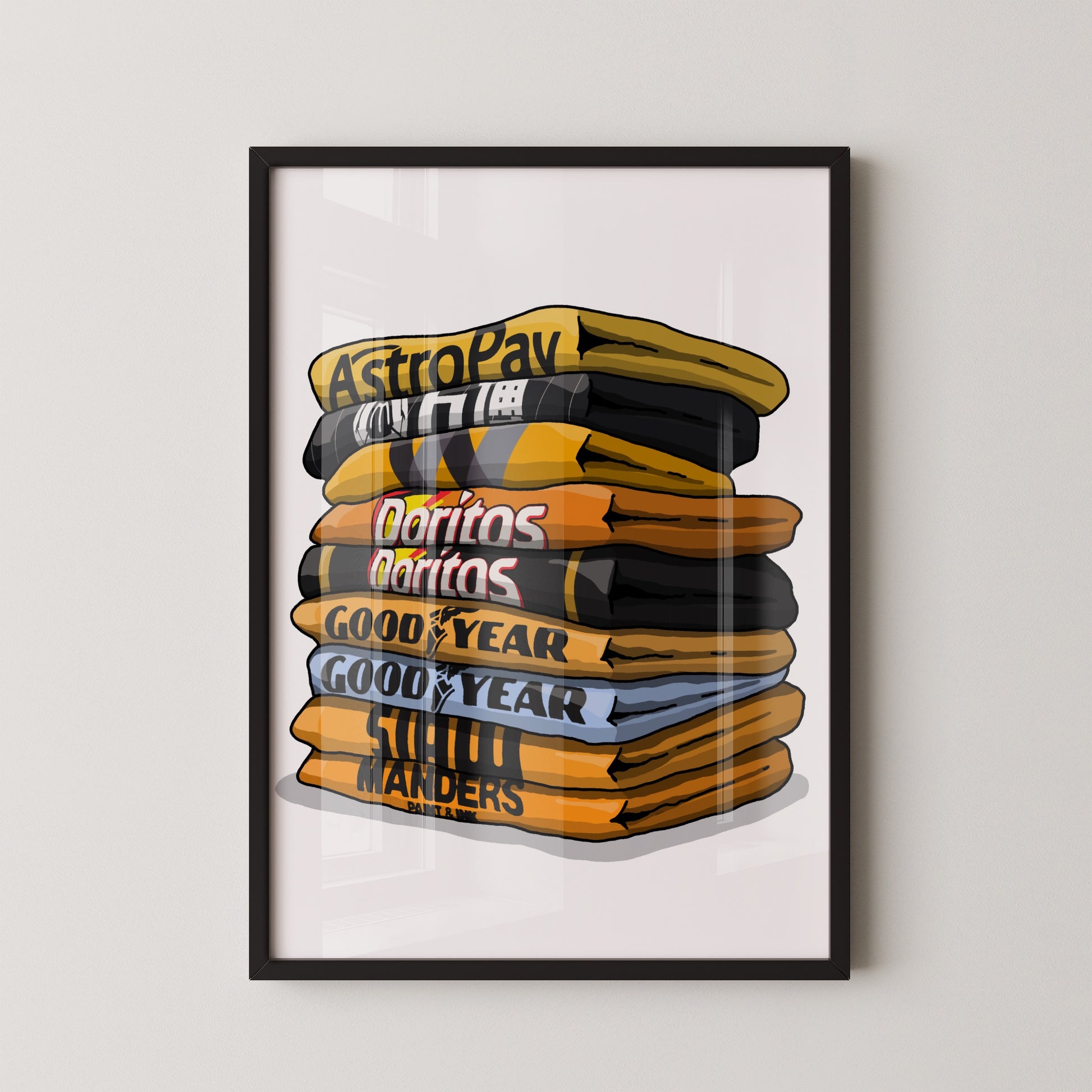 A framed illustration of a stack of various snack bags, including Doritos, Goodyear, and Mardi Gras, with the text "AstroPay", "Doritos", and "Goodyear" printed on them.