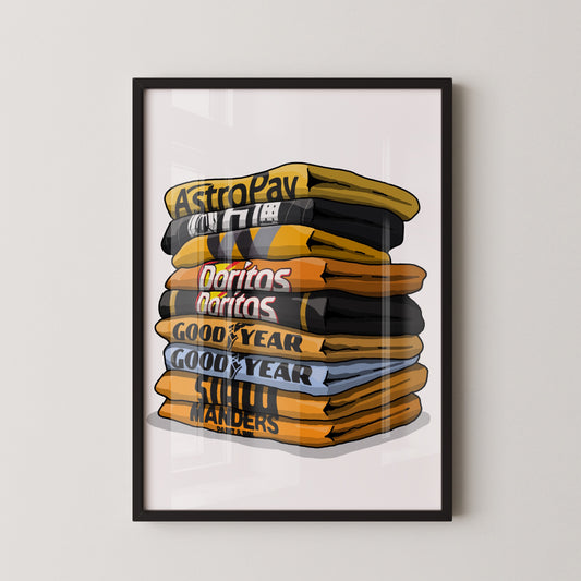 A framed illustration of a stack of various snack bags, including Doritos, Goodyear, and Mardi Gras, with the text "AstroPay", "Doritos", and "Goodyear" printed on them.