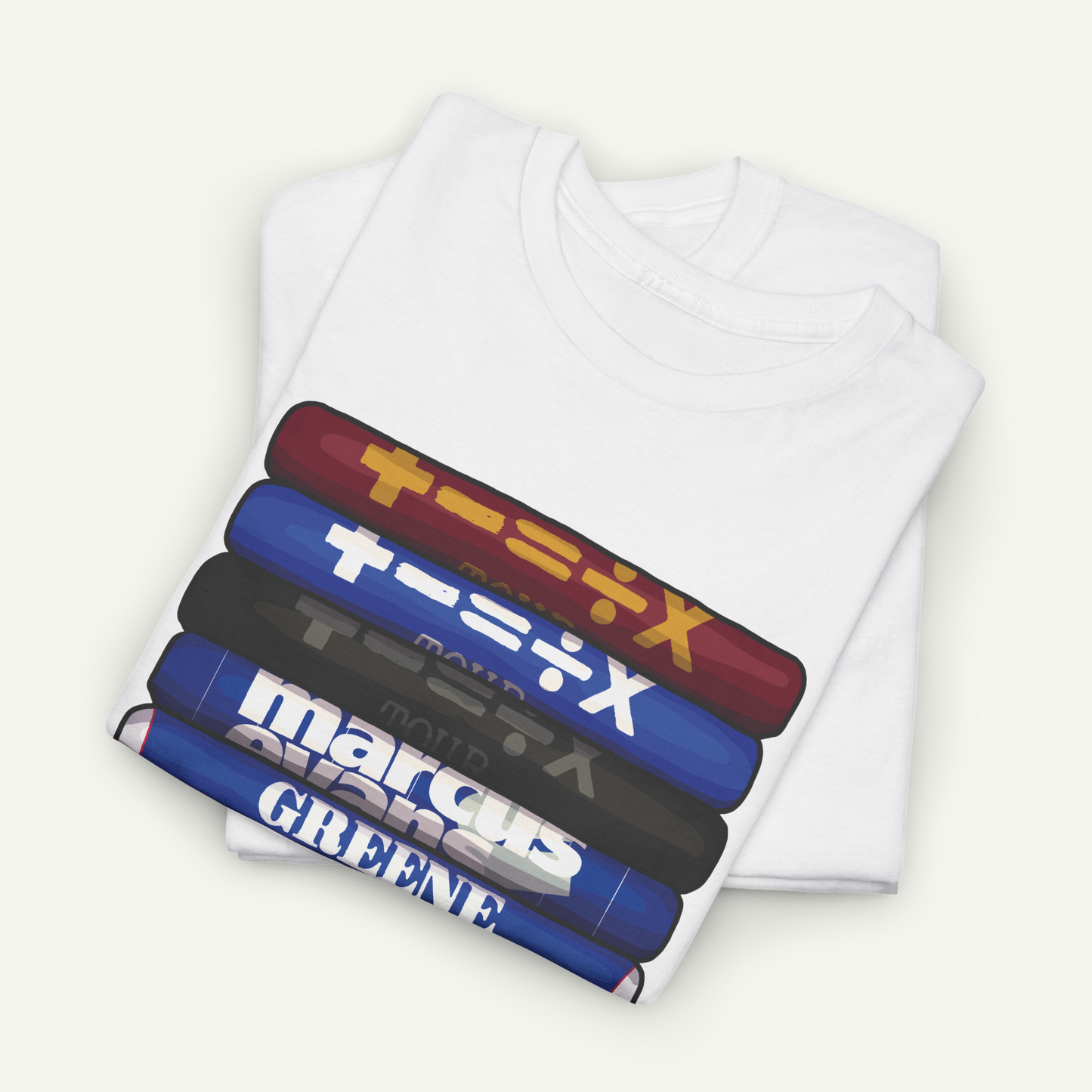 A white t-shirt with a graphic design featuring a stack of colorful tubes or bottles with text printed on them.