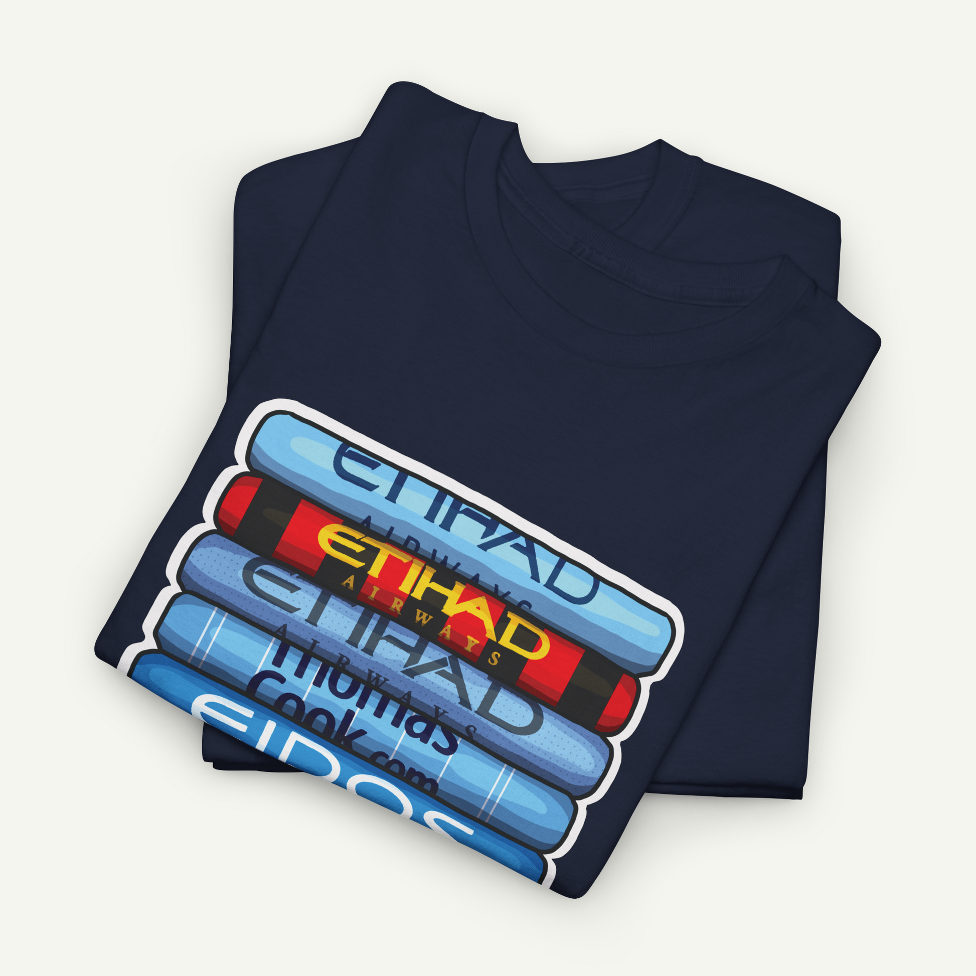 A dark blue t-shirt with a graphic design depicting a stack of blue and red tubes with the word "ETIHAD" written on them.