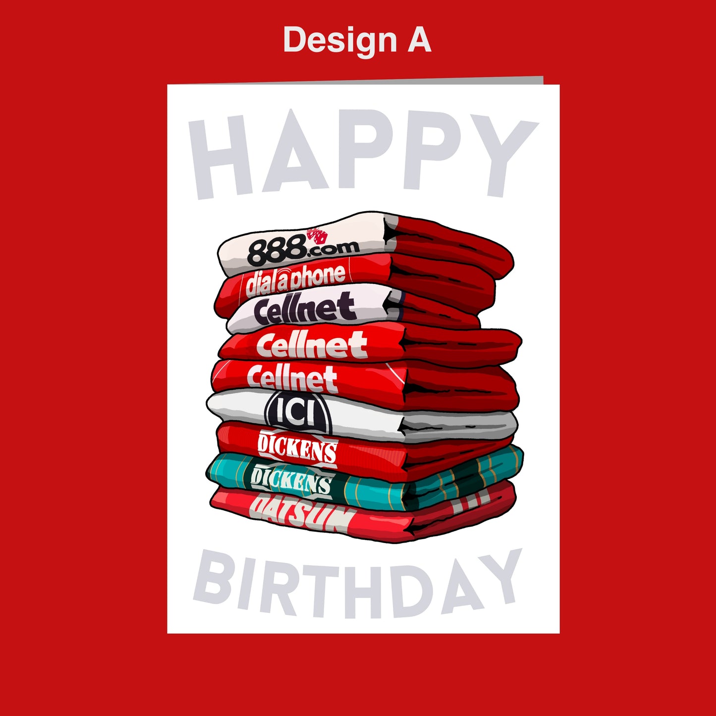 A stack of red and white towels with various logos and text on them, along with the text "Happy Birthday" displayed on a white background.