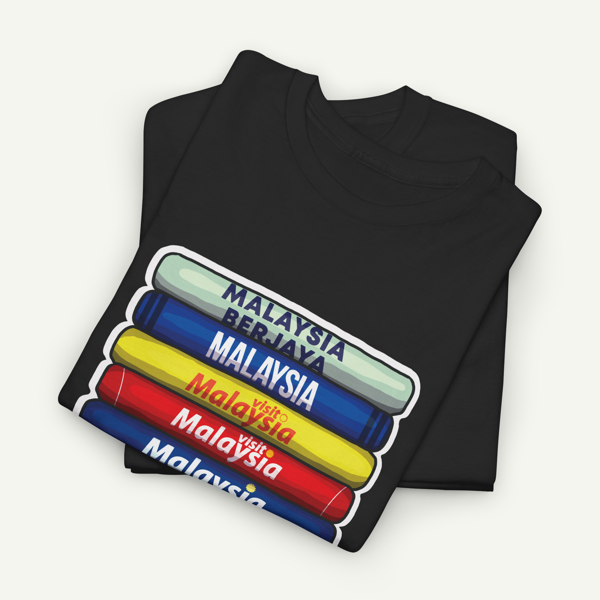 A black t-shirt with a graphic design depicting the countries of Malaysia in a stacked order.