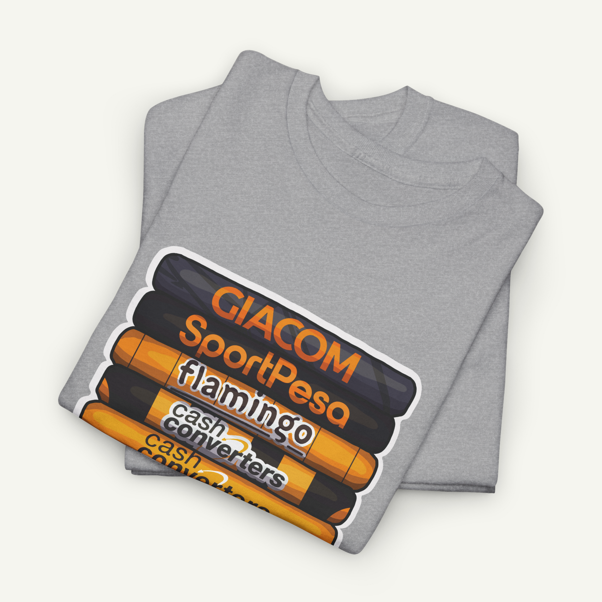 A gray t-shirt with a graphic design featuring a stack of orange and black objects, along with text that reads "Giacom SportPeso cash converters".